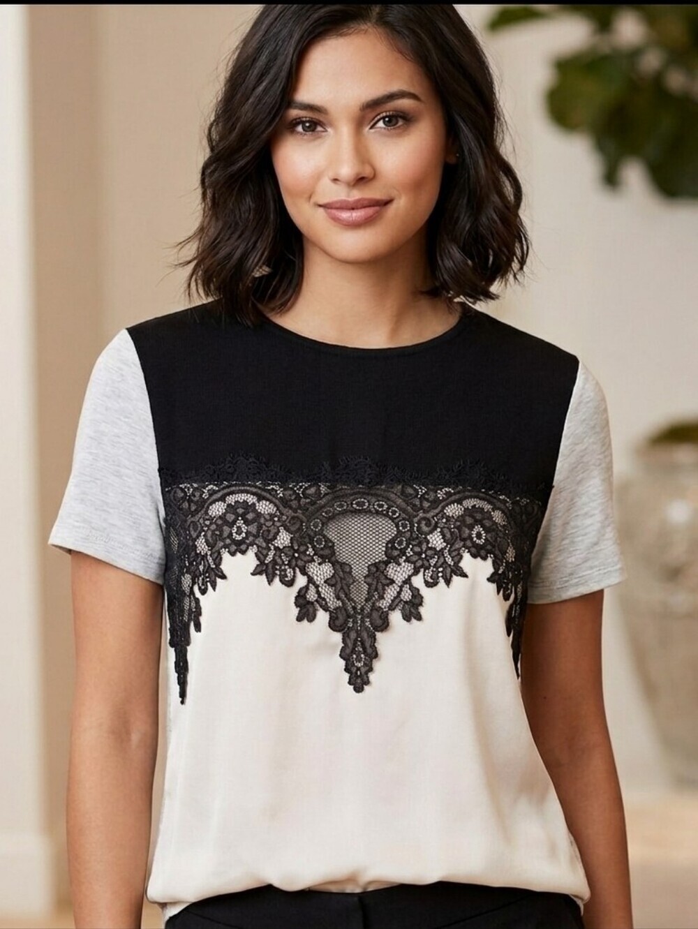 Apt. 9 Elegant Lace Color Block Blouse Women's Small Mixed Media Zip Back Top
